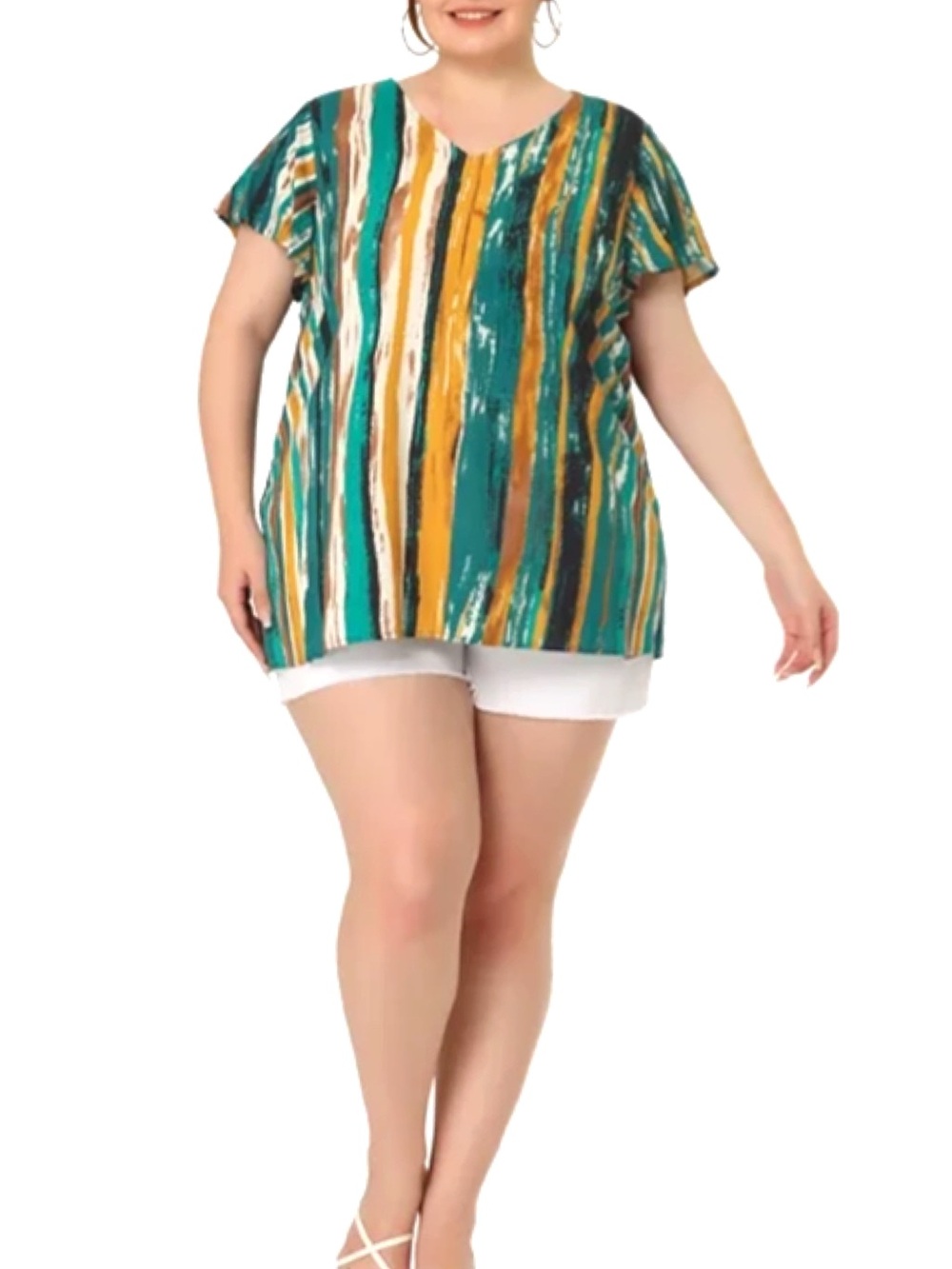 Striped Rayon V-Neck Short Sleeve Top- Multi Color • NWT • 26" p2p, 28" length